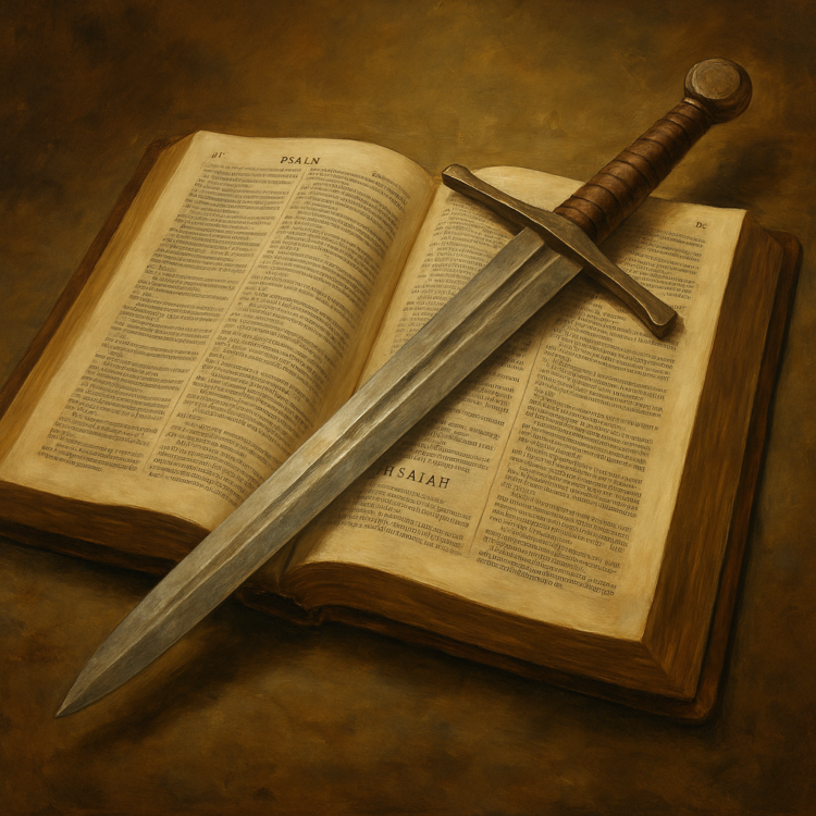 Bible open with sword laid across it