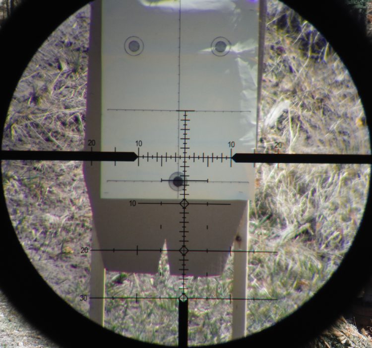 The reticles are designed very sensibly, and with a little range verification, shooters should be able to use the intermediate and major subtension lines to put common hunting caliber rounds acceptably in the vitals area of most large game at ethical distances. Keep in mind, these are true minute-of-angle reticles, not "shooter's MOA." As shown here, the 1" markings on this 50-yard target are just shy of the 2 MOA intermediate hashmarks.